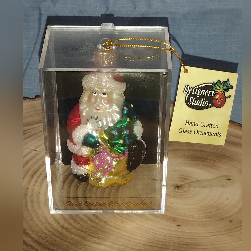 Vintage Santa Claus Hand Crafted  Glass Christmas Ornament In Box With Tags